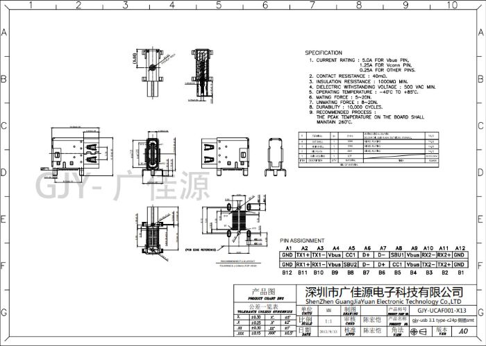 usb 3.1 type-c24p母座侧插贴片